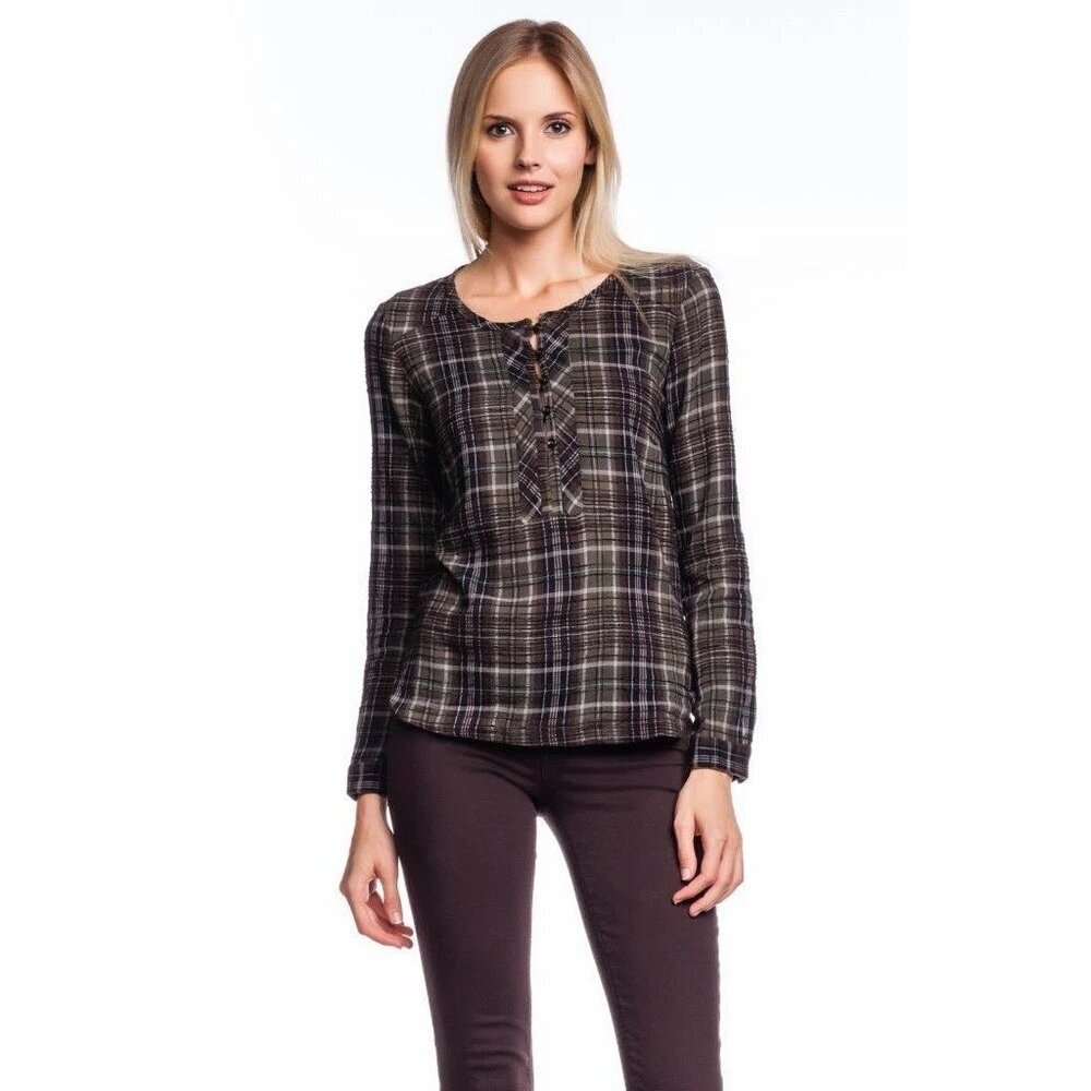 Of Two Minds TRILBY Plaid Long-Sleeve Top Buttons Womens S Blue Cranberry Ivory